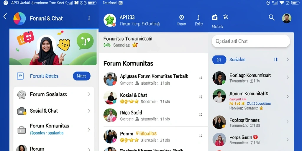 Antarmuka aplikasi Forum Komunitas API33 yang menarik dan interaktif.