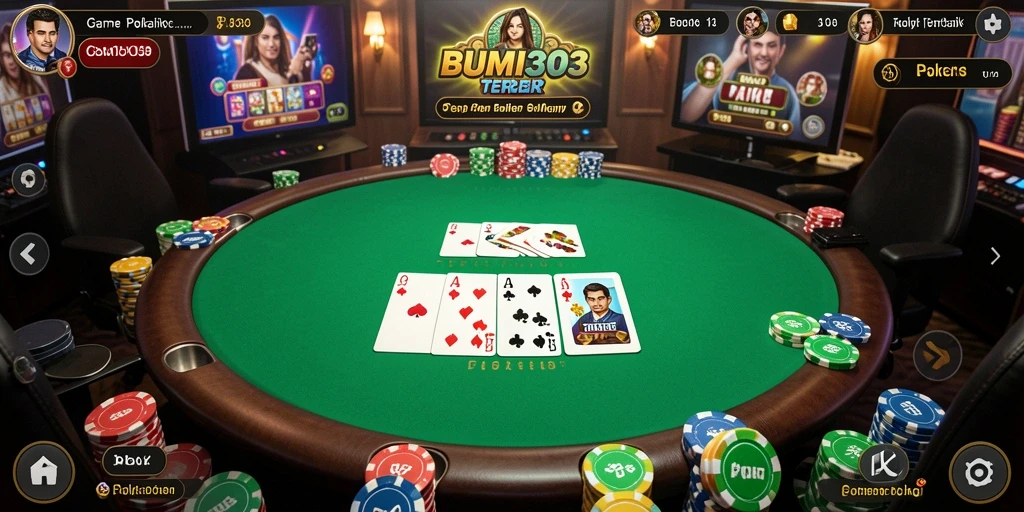 Tampilan antarmuka BUMI303 saat permainan Poker berlangsung.